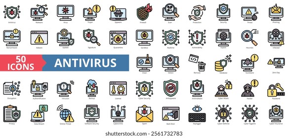 Antivirus icon collection set. Containing malware, security, trojan, spyware, firewall, scan, protection icon. Simple flat outline color illustration