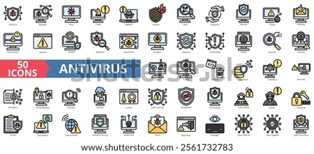 Antivirus icon collection set. Containing malware, security, trojan, spyware, firewall, scan, protection icon. Simple flat outline color illustration