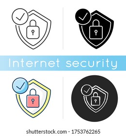 Antivirus-Symbol. Digitale Verschlüsselung. Schutz personenbezogener Daten. Schloss und Schild. Cybersicherheit-Technologie. Lineare Schwarz- und RGB-Farbstile. Einzelne Vektorgrafiken