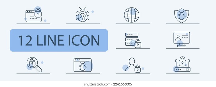 Antivirus icon set. Database protection, hacking, password cracking, internet security. Safety concept. Pastel color background. Vector 12 line icon for business