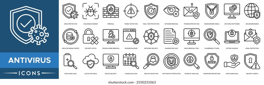 Ícone do antivírus. Proteção contra vírus, Verificador de malware, Firewall, Detecção de ameaças e Proteção em tempo real