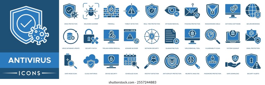 Antivirus icon. Virus Protection, Malware Scanner, Firewall, Threat Detection and Real-Time Protection