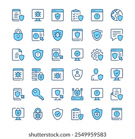 Antivirus icons. Outline symbols. Vector blue line icons set