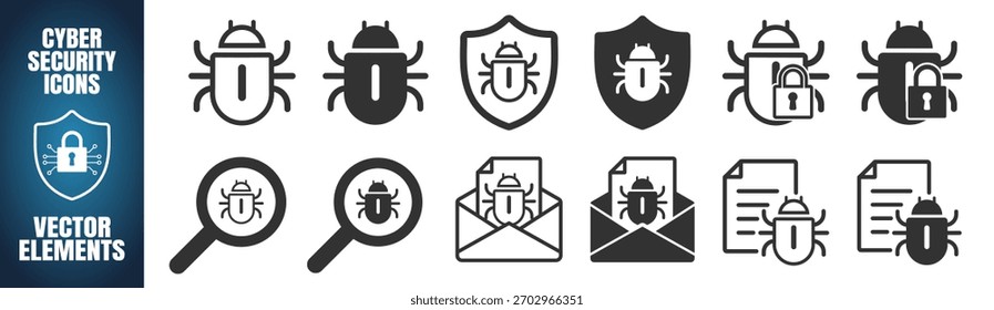 Antivirus icons set. Bug detection and malware protection vector elements on transparent background