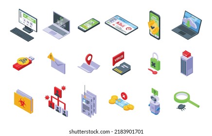 Antivirus Icons Set Isometric Vector. Malware Bug. Cyber Data