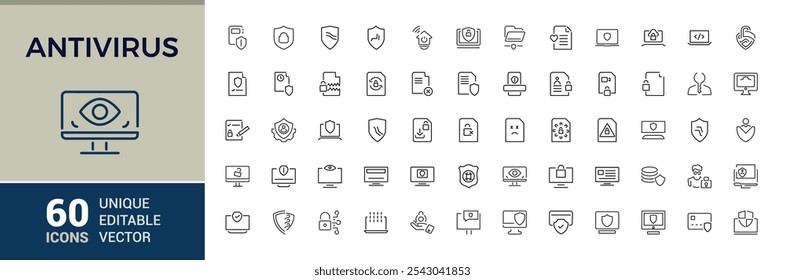 Ícones antivírus definidos no estilo de linha. Contém relacionados à defesa, seguro, segurança cibernética, segurança, guarda, proteção e muito mais. Ícone de estilo linear fino. Coleção de ícones de contorno de vetor.