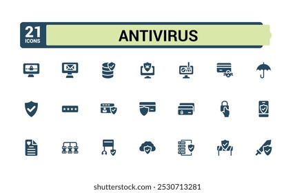 Antivirus icons solid collection. Set of security,  scan, protection and password. Filled icons for web and ui design. Editable and pixel perfect symbol pack.