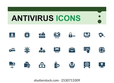 Antivirus icons solid collection. Set of security,  scan, protection and password. Filled icons for web and ui design. Editable and pixel perfect symbol pack.