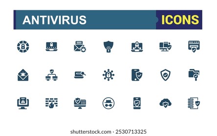 Antivirus icons solid collection. Set of security,  scan, protection and password. Filled icons for web and ui design. Editable and pixel perfect symbol pack.