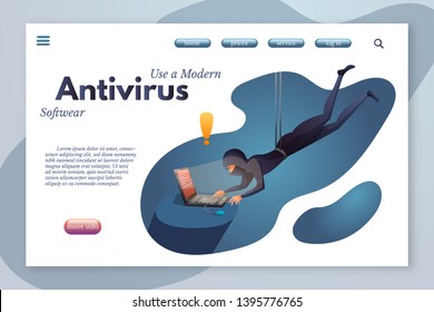 Antivirus landing page template. Hacker attack, trojan flat vector illustration. Virus, spy software installation. Malware protection, cybersecurity, data protection