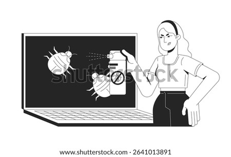 Antivirus laptop line illustration concept. Debugging viruses malware. Cyber hygiene. Woman spraying computer bugs on desktop screen outline 2D character isolated. Ink linear metaphor vector art