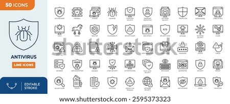 Antivirus line editable set. Containing malware, security, trojan, spyware, firewall, scan, protection, and more icons. Vector illustration