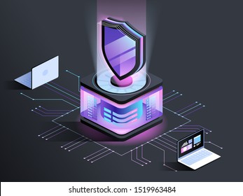 Antivirus Program Abstract Isometric Illustration. Cybersecurity, Data Encryption Technology Dark Color 3D Concept. Malware Security Software. Hacker Attack And Unauthorized Access Protection