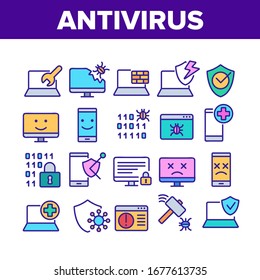 Antivirus Program Collection Icons Set Vector. Computer And Laptop Antivirus, Binary Code Security Padlock, Hammer Kill Bug Concept Linear Pictograms. Color Contour Illustrations