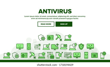 Vector de plantilla de encabezado de página web de inicio de programa antivirus Antivirus De Computadora Y Portátil, Padlock De Seguridad De Código Binario, Ilustraciones De Fallos De Mata De Martillo