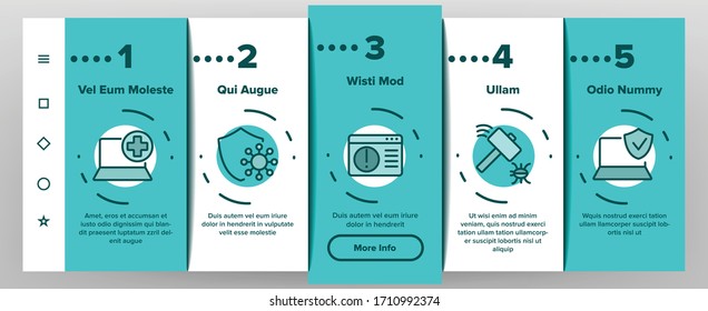 Antivirus Program Onboarding Icons Set Vector. Computer And Laptop Antivirus, Binary Code Security Padlock, Hammer Kill Bug Illustrations