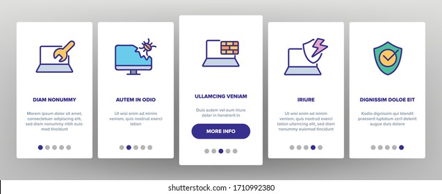 Antivirus Program Onboarding Icons Set Vector. Computer And Laptop Antivirus, Binary Code Security Padlock, Hammer Kill Bug Illustrations