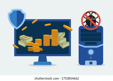 Antivirus for protection computer parts vector illustration. Secure banking operations on computer, electronical device. Money and coins on computer screen, crossed out parasite icon over processor.