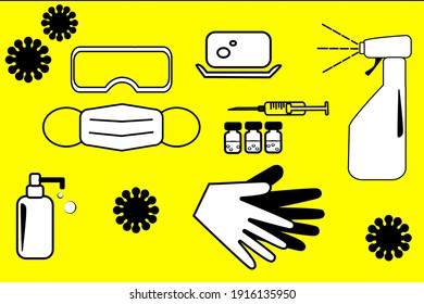 Antivirus protection equipment - mask and gloves, soap and dispenser, protective glasses and vaccine