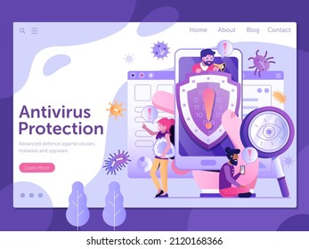 Antivirus protection and mobile cyber security web banner. Protect your phone from virus file guard landing page template. Online data viruses internet protection scene.