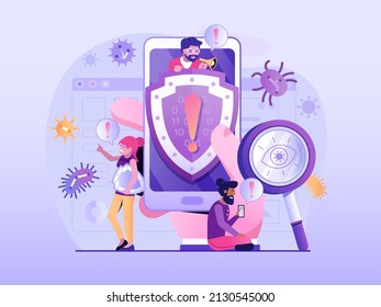 Antivirus protection and mobile cyber security web illustration. Protect your phone from virus file guard concept. Online data viruses internet protection scene. - Powered by Shutterstock - Get 15% off with code: PIKWIZARD15