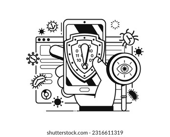 Antivirus protection and mobile cyber security web illustration. Protect your phone from virus file guard concept. Online data viruses internet protection scene in line art design.