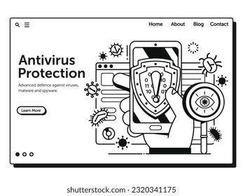 Antivirus protection and mobile cyber security web banner. Protect your phone from virus file guard concept. Online data viruses internet protection landing page template in line art design.