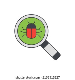 Antivirus search or scan icon. Magnifying glass with bug sign icon in color icon, isolated on white background 