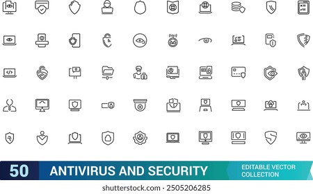 Antivirus and Security icons in line style. Collection and pack of linear web and ui icons. Editable stroke. Vector illustration.