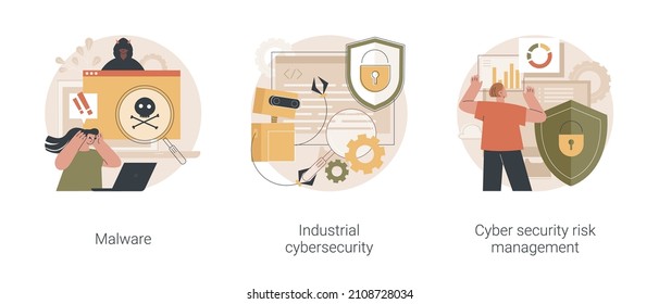 Antivirus security and protection abstract concept vector illustration set. Malware program, industrial cybersecurity, cyber security risk management, digital threat, spyware abstract metaphor.