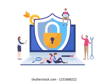 Antivirus security protection application. Programmer's working data network. Flat cartoon miniature  illustration vector graphic on white background.
