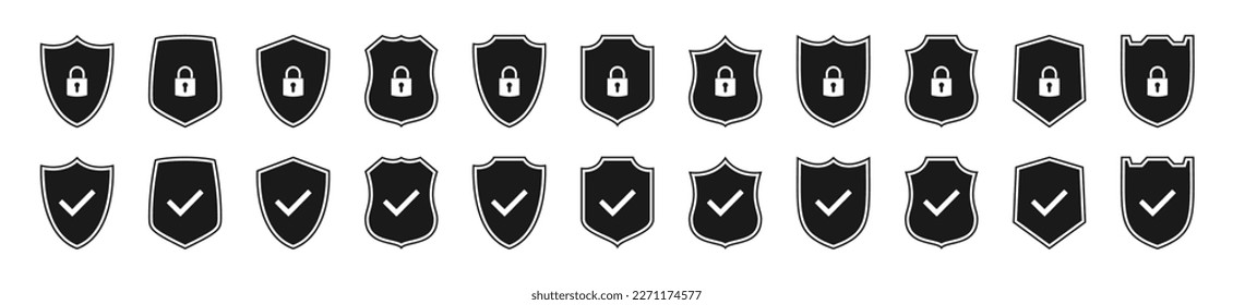 Antivirus security shield icons with lock and check mark. Set of protection shields of digital security. Design elements for anti-virus concept. Approved safety signs. Vector illustration.
