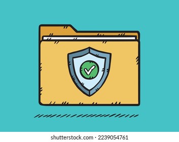 Carpeta gráfica de blindaje de antivirus. Antivirus protege sus datos de virus informáticos. Ilustración dibujada a mano por vectores.
