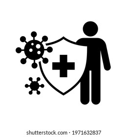 Antivirus shield protection icon, Medical prevention germs, Immune human system, Vaccination, Antibiotics, Covid-19 Coronavirus epidemic protective, Pictogram flat design, Vector illustration