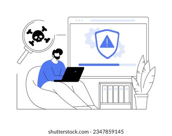 Antivirus software abstract concept vector illustration. Man with laptop using antivirus program, IT technology, no computing viruses, DLP industry, firewall protection abstract metaphor.