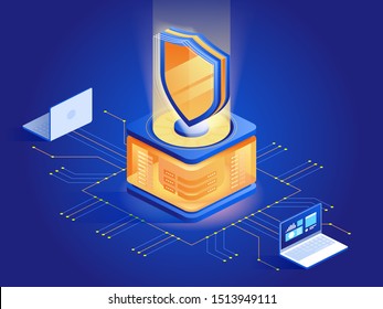 Antivirus Software Abstract Isometric Illustration. Cybersecurity, Data Encryption Technology Dark Blue 3D Concept. Malware Security Program. Hacker Attack Protection, Unauthorized Access Prevention