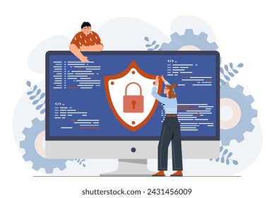 Antivirus software concept. Man and woman near computer screen with code. Programmers and IT specialists develop application and program. Safety and security. Cartoon flat vector illustration