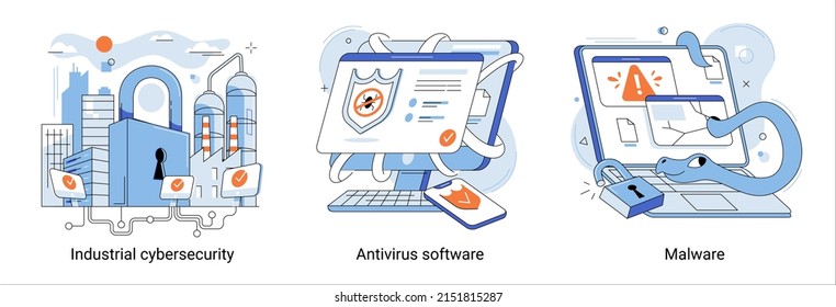 Antivirus software development metaphor. Malware, computer virus and spyware, industrial cybersecurity management. Online programs personal data protection. Internet information security technologies