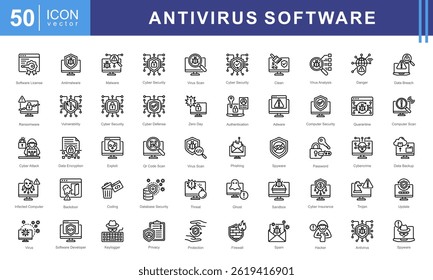 Conjunto de iconos de software antivirus de escaneo de virus, software antivirus, protección en tiempo real, removedor de virus y detección de malware.