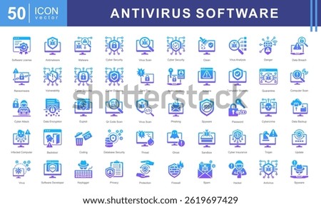 Antivirus Software icon set of Virus Scanning, Antivirus Software, Real-Time Protection, Virus Remover and Malware Detection.