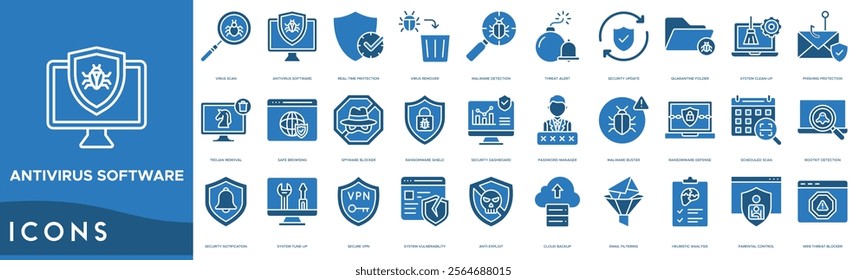 Antivirus Software icon. Virus Scan, Antivirus Software, Real-Time Protection, Virus Remover and Malware Detection