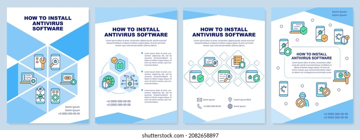 Plantilla de folleto de consejos de instalación de software de antivirus. Volante, folleto, folleto impreso, diseño de portada con iconos lineales. Diseños vectoriales para presentación, informes anuales, páginas publicitarias