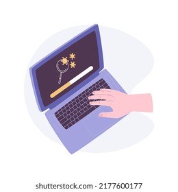 Antivirus software isolated cartoon vector illustrations. Man with laptop using antivirus program, IT technology, no computing viruses, DLP industry, firewall protection vector cartoon.