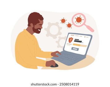 Antivirus software isolated cartoon vector illustrations. Man with laptop using antivirus program, IT technology, no computing viruses, DLP industry, firewall protection vector cartoon.