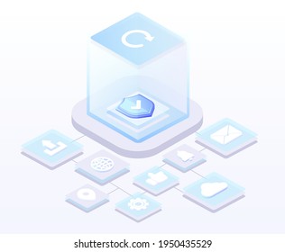 Antivirus software Isometric vector illustration of digital protection mechanism system privacy Cybersecurity malware security program Data secure Hacking web crime virus attack Symbol of protection