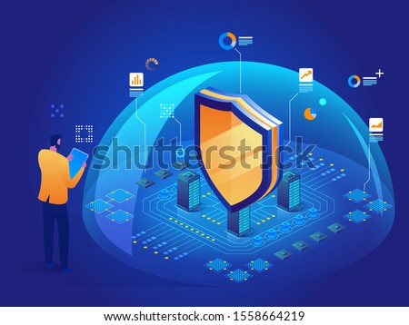 Antivirus software Isometric vector illustration of digital protection mechanism system privacy Cybersecurity malware security program Data secure Hacking web crime virus attack Symbol of protection