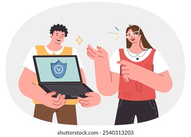 Antivirus software in laptop of man standing near user girl, rejoicing at appearance of reliable protection against virus. Using antivirus application to avoid hacker attacks on your computer