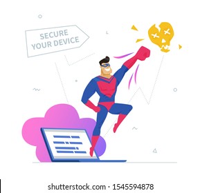 Antivirus software metaphor flat design style vector illustration. Secure your device banner element. Man in superhero outfit defending laptop cartoon character. Cybersecurity, firewall technology