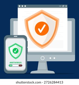 Software antivírus protegendo computadores e smartphones com escudo de segurança e marca de seleção. Simbolizando proteção digital, defesa contra malware e segurança cibernética em várias plataformas