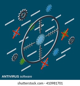 Antivirus software, virus search, computer security, data protection flat isometric vector concept